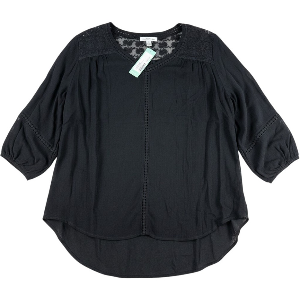 JohnPaulRichard Raelinn Crochet Detail Top Black Large Rayon Blouse Women